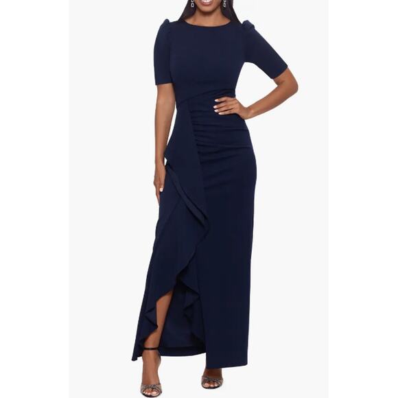 XSCAPE Women's Scuba Crepe Ruffle Gown Size 8 Navy Blue Short Sleeve Dress NWOT - Picture 1 of 10